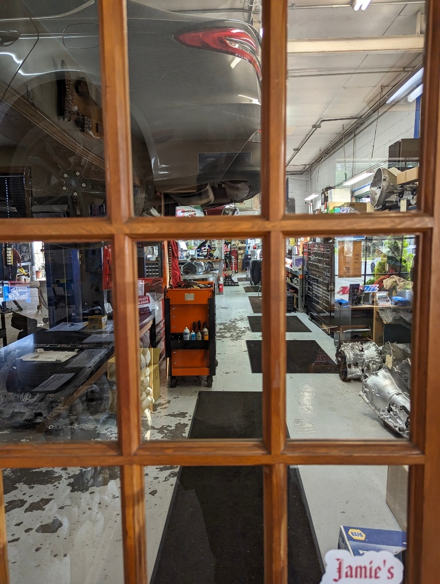Looking onto the shop floor with rebuilt transmissions staged