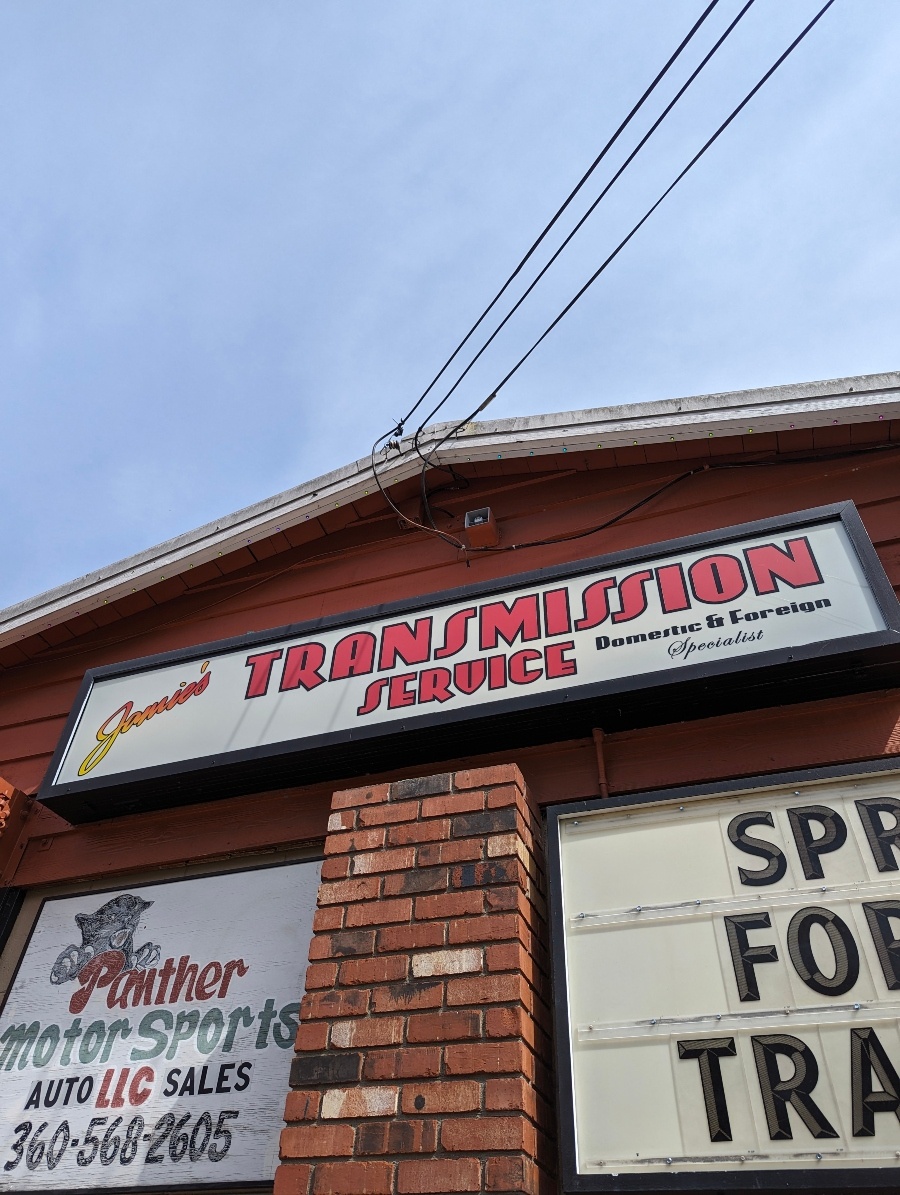 Jamie's Transmission Service sign — domestic & foreign transmission specialists