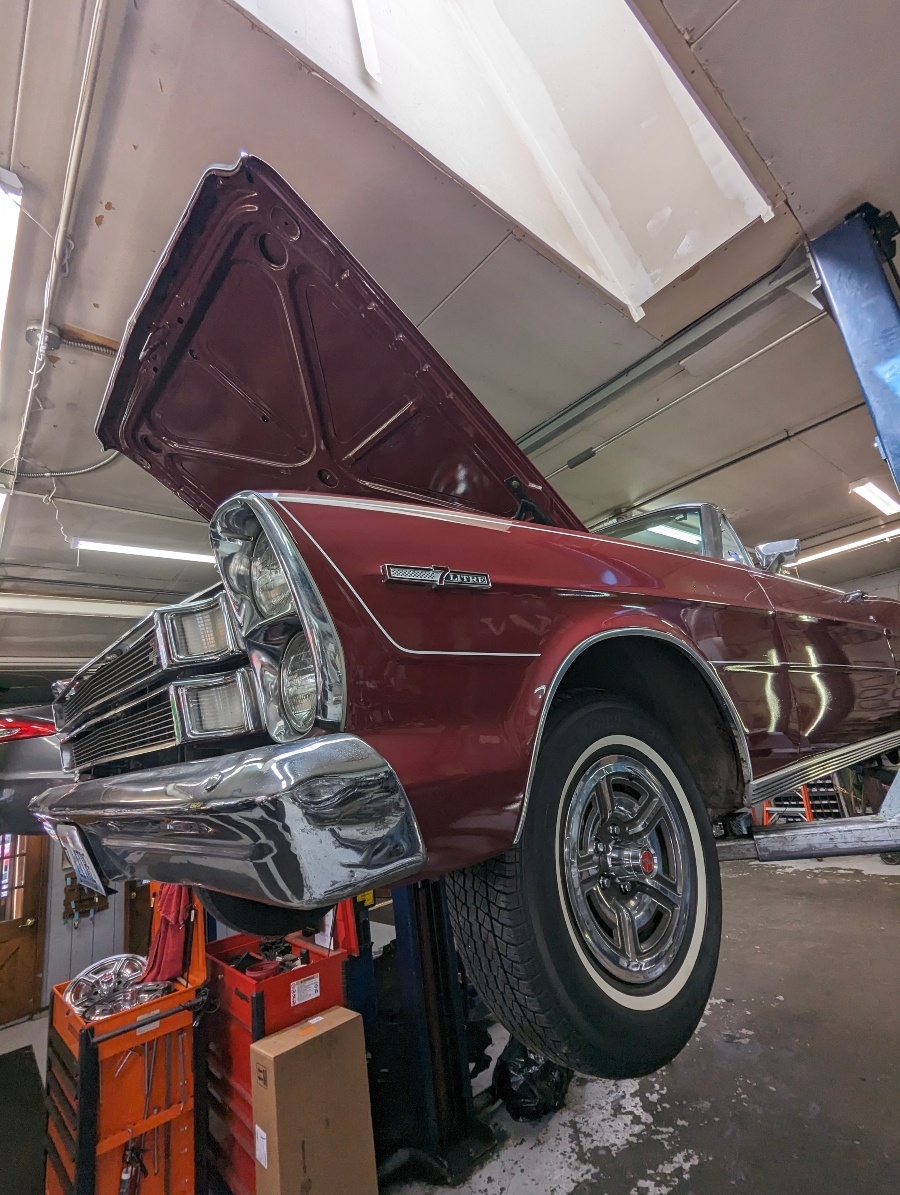 1966 Ford Galaxie 7 Litre on the lift for transmission work