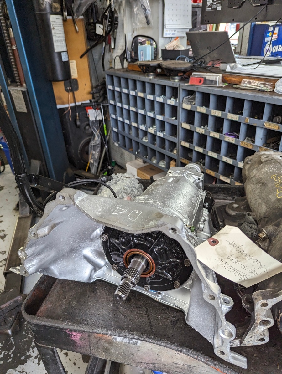 A freshly rebuilt transmission tagged for a 1970 Buick Gran Sport