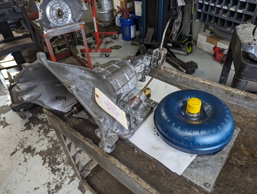 A rebuilt classic transmission with its new torque converter