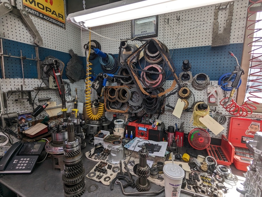 The rebuild bench with gaskets, clutches and gear sets