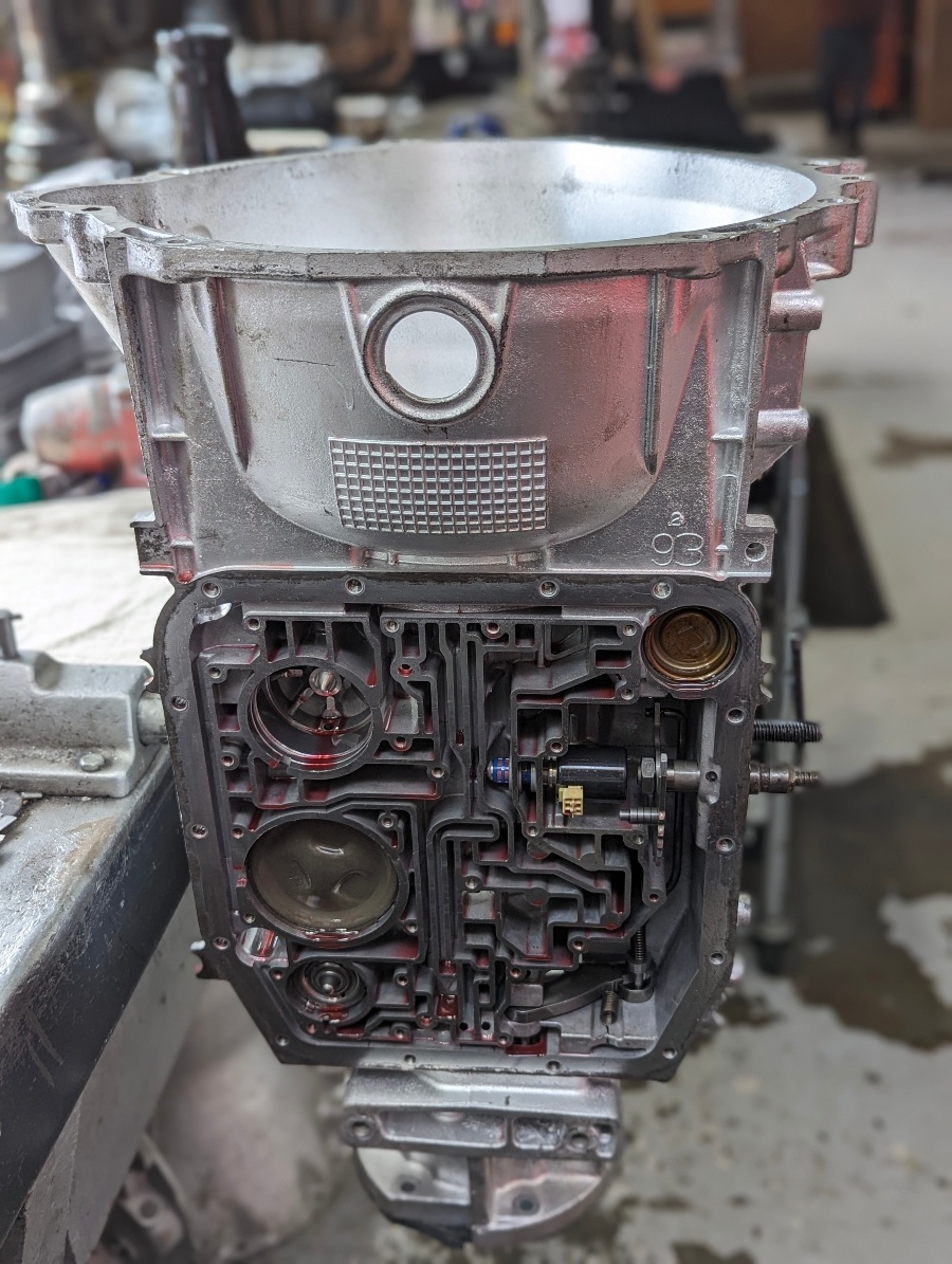 Inside a rebuilt unit — the valve body before the pan goes on