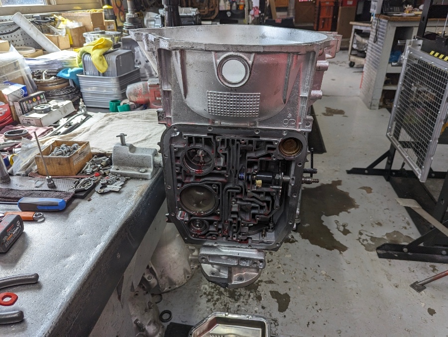 A rebuilt transmission ready for its pan and fresh fluid