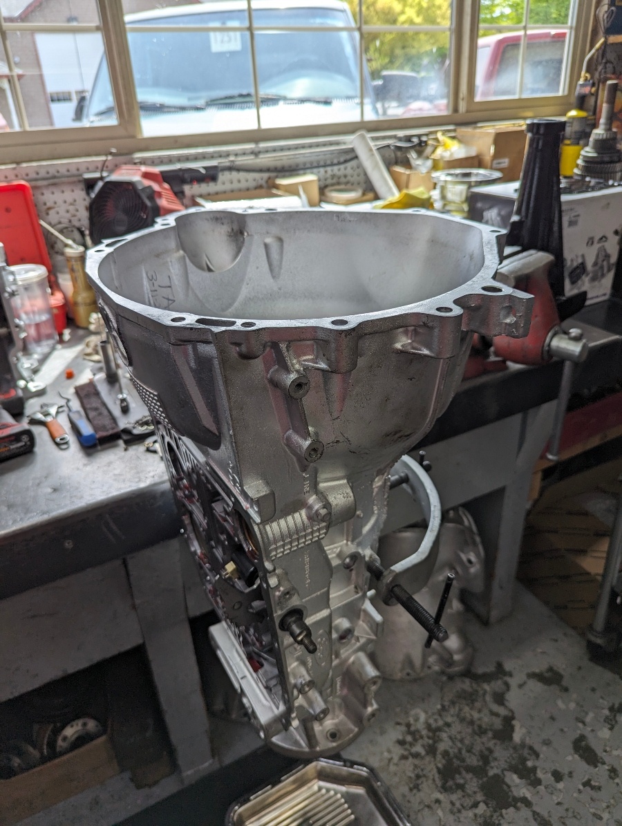 A freshly cleaned transmission case in the rebuild room